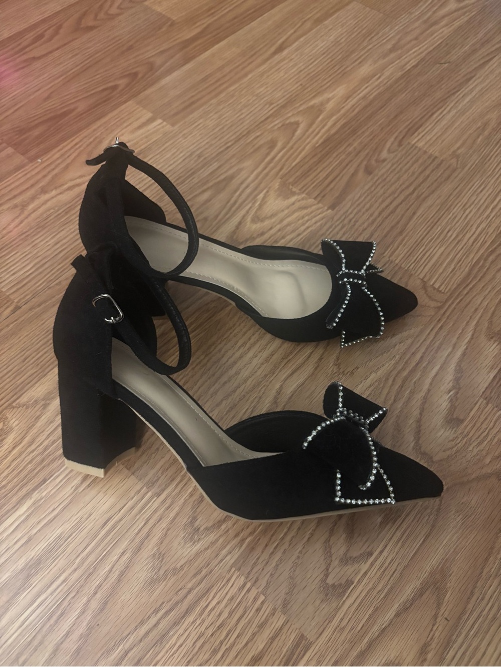 Black Ankle-Strap Block Heel Pumps with Decorative Bow Size EU 41/US 10 - Picture 1 of 7